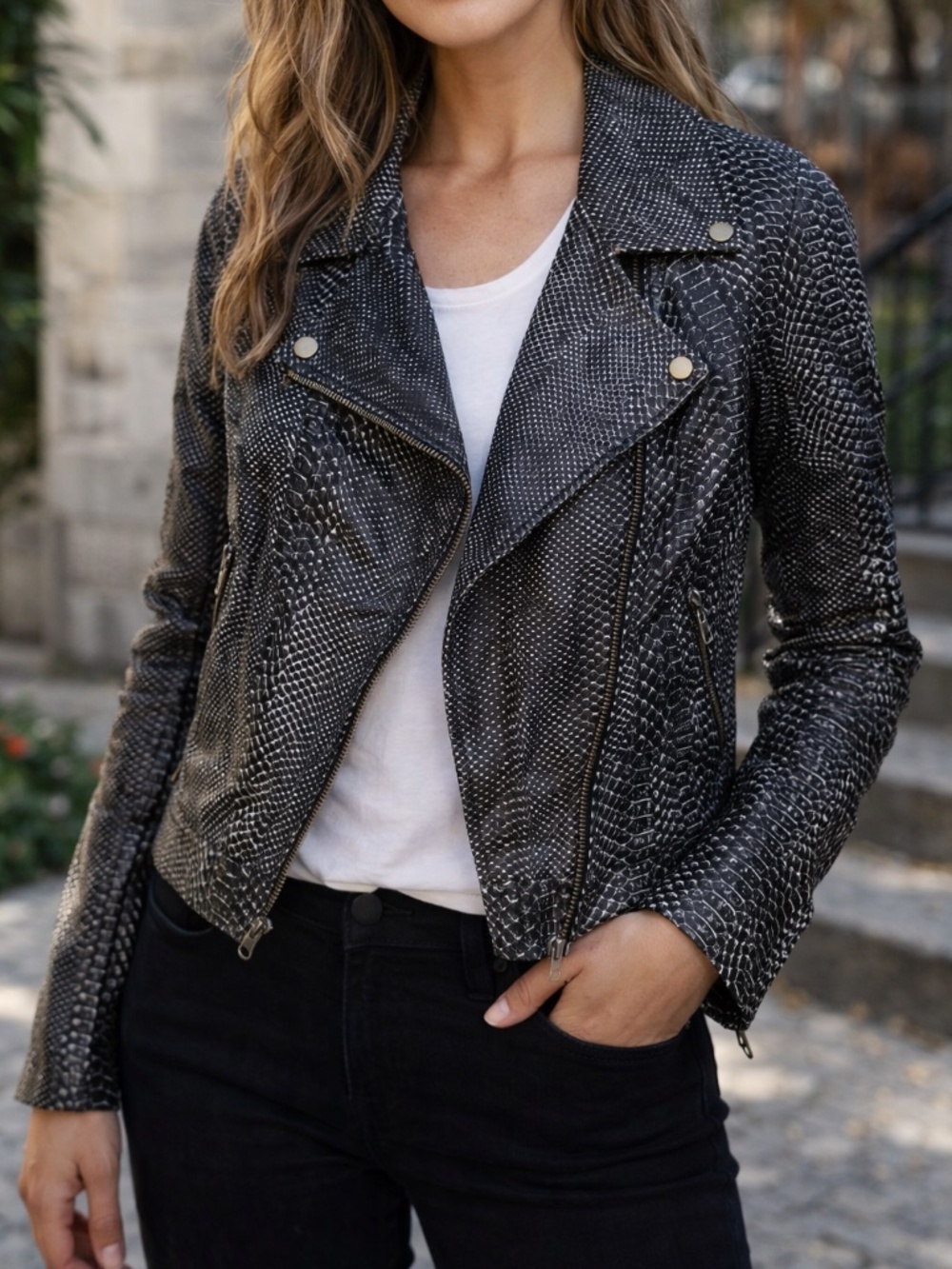 Mike & Chris Dresden Leather Moto Snake Jacket